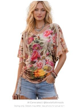 Embellished Floral Mesh Batwing Top Ruched Slouchy Boho Festival S/M